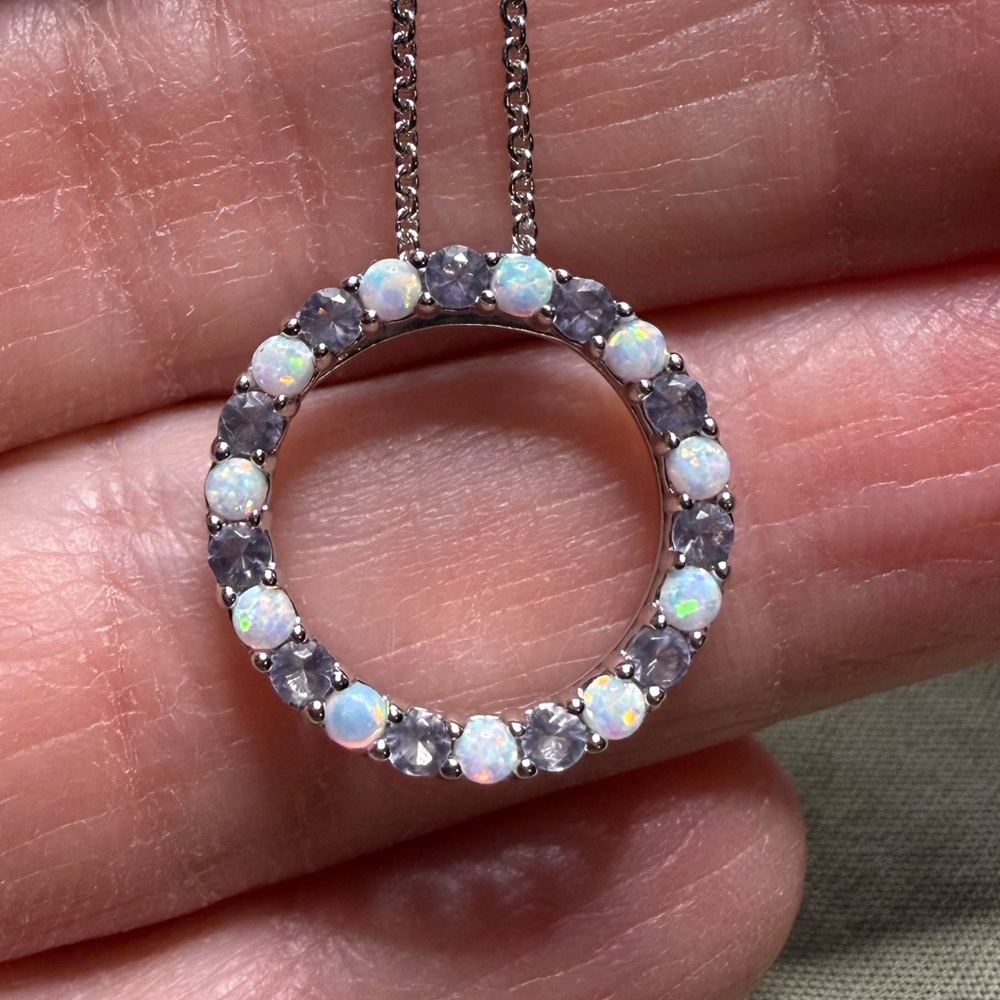 Created Opal Natural Amethyst Circle Pendant Necklace 18 inches Sterling Silver - Picture 5 of 8
